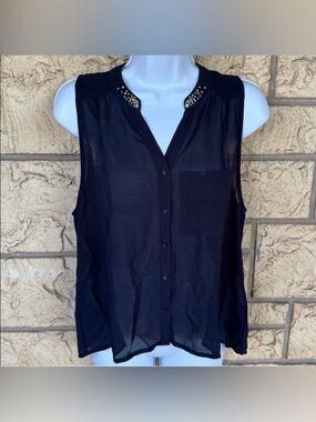 Abercrombie & Fitch Navy Sleeveless Blouse with Studded Collar